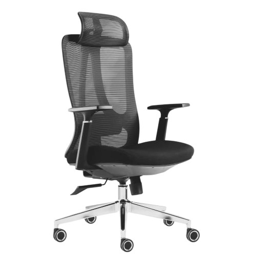 The Black Mesh with Black Nylon Frame High-Back Office Chair features a mesh back with headrest, fixed arms, coat hanger, and chrome base with castors.