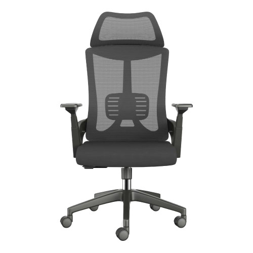 The Black Mesh with Black Nylon Frame High-back Office Chair Features a Mesh Backrest with Headrest, Black Nylon Frame, Armrests, and Base with Castors.
