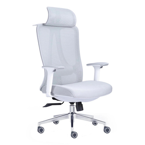 The Grey Mesh with White Frame High-Back Office Chair features a grey mesh back with headrest, white frame and arms, padded seat, and chrome base with nylon castors.