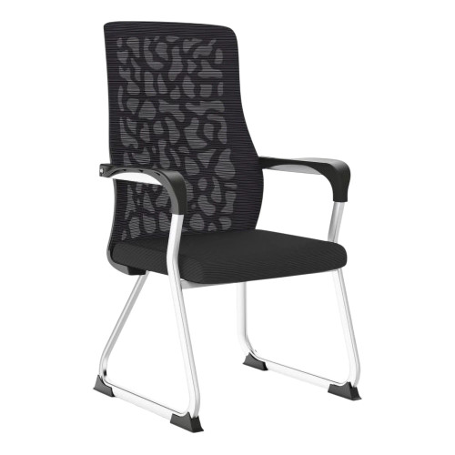 The Black Mesh with Chrome Frame Visitor Office Chair Features a Mesh Backrest, Padded Seat, Chrome Sleigh Frame, and Armrests with Nylon Caps.
