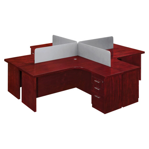 B037 Four Way Cluster Desk with Wooden Panel Leg - Mahogany Veneer - 4 Desks