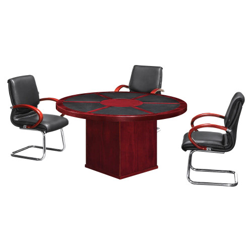 H015 Round Conference Table with Leather Inlays - Mahogany Veneer