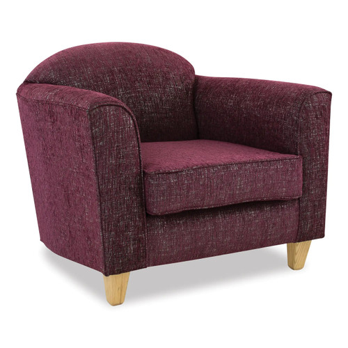 Zanzibar Sofa Chair, stylish plush maroon fabric armchair with wooden legs.