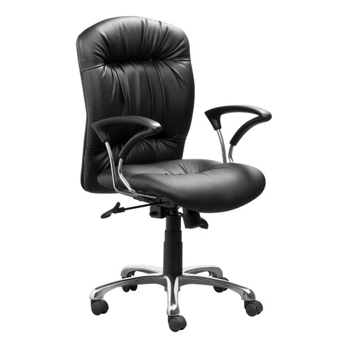 Zelda Medium-back Office Chair, black leather office chair with cushioned backrest, padded seat, and adjustable armrests on a wheeled base. Zelda Medium-back Office Chair, black leather office chair with cushioned backrest, padded seat, and adjustable armrests on a wheeled base.