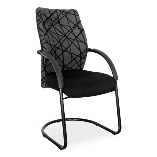 Cayman Visitor Office Chair SAC-VC-CM, ergonomic office chair with patterned gray fabric backrest and black seat cushion, featuring armrests and a sleek metal frame for comfortable seating in workplaces. Cayman Visitor Office Chair SAC-VC-CM, ergonomic office chair with patterned gray fabric backrest and black seat cushion, featuring armrests and a sleek metal frame for comfortable seating in workplaces.