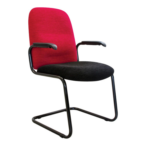 Kingston Visitor Arm Office Chair SAC-VCA-KIS, ergonomic visitor chair with red fabric backrest, black cushioned seat, armrests, and a sled base in black metal. Kingston Visitor Arm Office Chair SAC-VCA-KIS, ergonomic visitor chair with red fabric backrest, black cushioned seat, armrests, and a sled base in black metal.