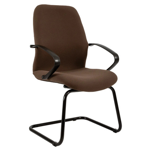 Lucea Visitor Office Chair by 67, a Durable Office Seating Option, Featuring a Brown Seat and Backrest with Black Metal Frame and Arms, Designed for Comfort and Ergonomic Support in Reception Areas and Meeting Rooms.
