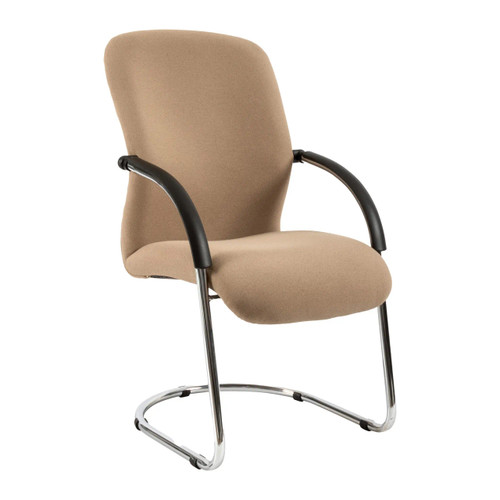 Monaco Visitor Office Chair, beige fabric upholstery with black armrests and a chrome sled base. Monaco Visitor Office Chair, beige fabric upholstery with black armrests and a chrome sled base.