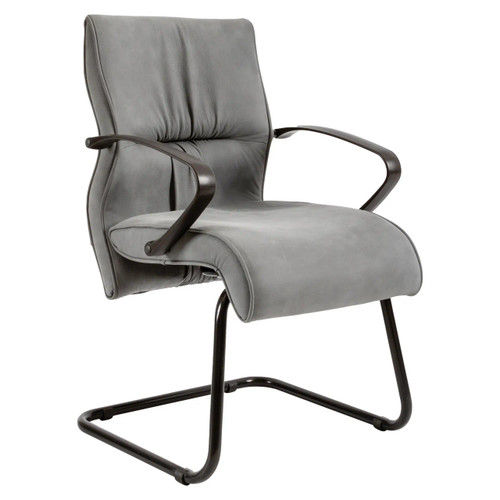 Ombra Visitor Office Chair SAC-VCH-OMB, modern grey executive office chair with cushioned seat and backrest, wooden armrests, and a black metal sled base. Ombra Visitor Office Chair SAC-VCH-OMB, modern grey executive office chair with cushioned seat and backrest, wooden armrests, and a black metal sled base.