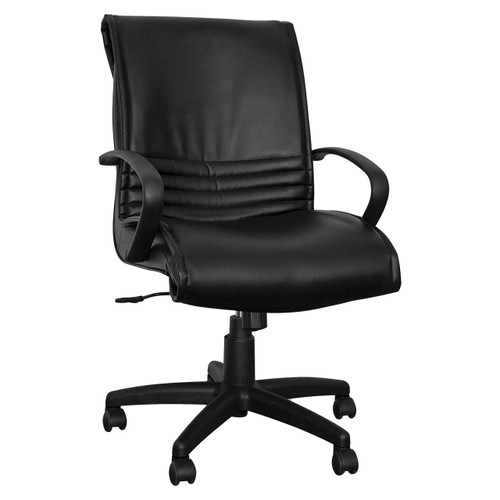 Black Pimento Polyurethane Medium-back Office Chair by Office Stock South Africa, a Stylish Office Chair with Ergonomic Design, Visible Armrests, and Five-Star Base with Wheels, Made of Durable Polyurethane Material for Comfort and Support.