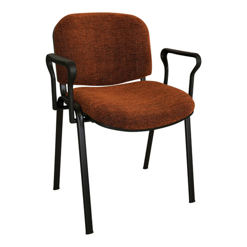 Stacker 501 Arm Chair, office or waiting room chair with a rust-colored fabric seat and backrest, black metal frame and armrests.