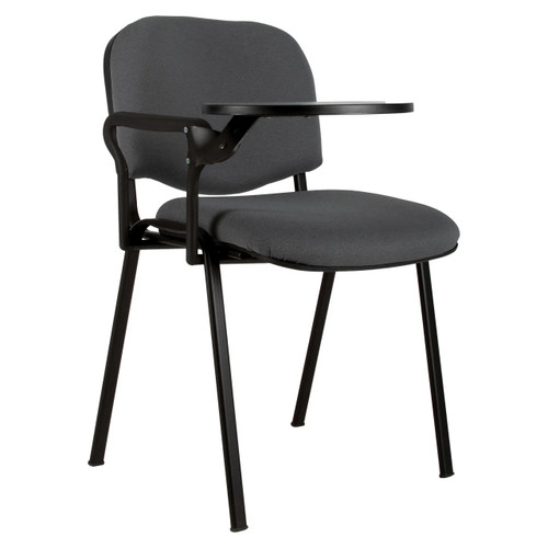 Stacker 502 with Writing Tablet Chair SAC-CCH-502, Black and gray ergonomic chair with writing tablet attached, suitable for classrooms or training rooms.