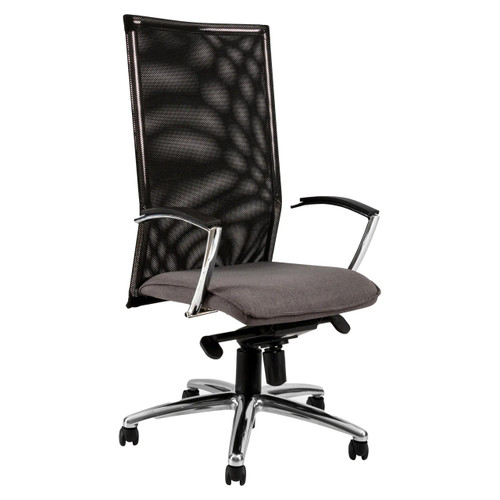 Trinidad Mesh High-back Office Chair SAC-HCH-TRI, ergonomic office chair with a black mesh high back, padded gray seat cushion, chrome armrests, and a five-star base with wheels. Trinidad Mesh High-back Office Chair SAC-HCH-TRI, ergonomic office chair with a black mesh high back, padded gray seat cushion, chrome armrests, and a five-star base with wheels.