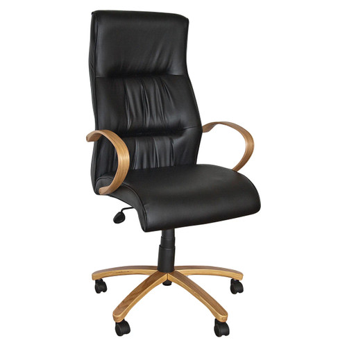 Salvador Wooden High-back Chair ergonomic black leather office chair with wooden armrests and base. Salvador Wooden High-back Chair ergonomic black leather office chair with wooden armrests and base.