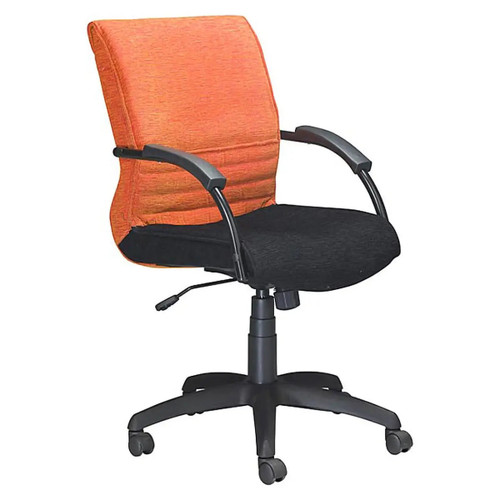 Kari Quilt Medium-back Office Chair, ergonomic office chair with orange padded backrest, black cushioned seat, and adjustable height with caster wheels. Kari Quilt Medium-back Office Chair, ergonomic office chair with orange padded backrest, black cushioned seat, and adjustable height with caster wheels.