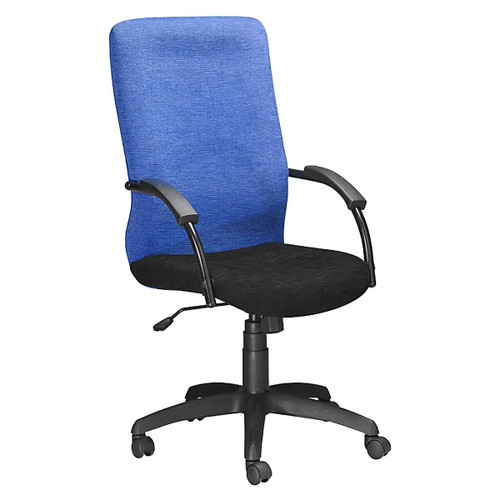 Kari Streamline High-back Chair, ergonomic office chair with blue fabric backrest, black cushioned seat, adjustable height, and armrests. Kari Streamline High-back Chair, ergonomic office chair with blue fabric backrest, black cushioned seat, adjustable height, and armrests.