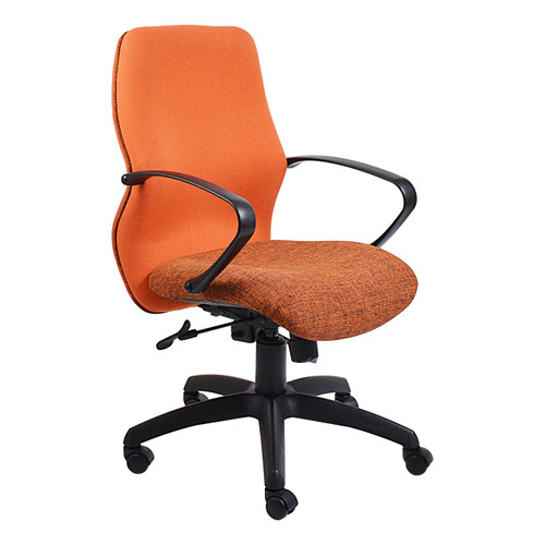 Simone Medium-back Office Chair, orange fabric upholstered seat and backrest with black armrests and base. Simone Medium-back Office Chair, orange fabric upholstered seat and backrest with black armrests and base.