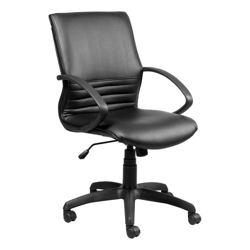 Holly Medium-back Office Chair, black leather ergonomic office chair with armrests, adjustable height, and rolling casters.