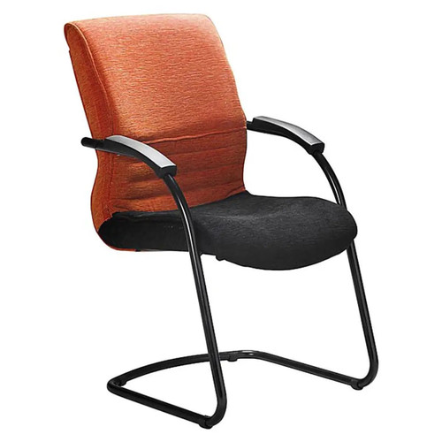 Kari Quilt Visitor Office Chair, ergonomic office visitor chair with orange fabric backrest and black cushioned seat, black metal frame and armrests. Kari Quilt Visitor Office Chair, ergonomic office visitor chair with orange fabric backrest and black cushioned seat, black metal frame and armrests.