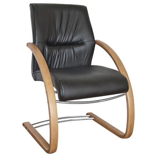 Salvador Wooden Integral Sleigh Visitor Office Chair, black leather upholstery with a wooden sled base.