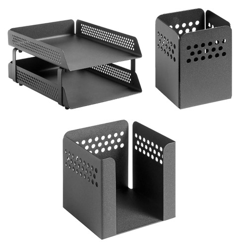 Perforated Steel Desk Set: Two-tier Letter Tray, Paper Cube Holder & Pencil Cup | Office Accessories | Office Stock Perforated Steel Desk Set: Two-tier Letter Tray, Paper Cube Holder & Pencil Cup | Office Accessories | Office Stock