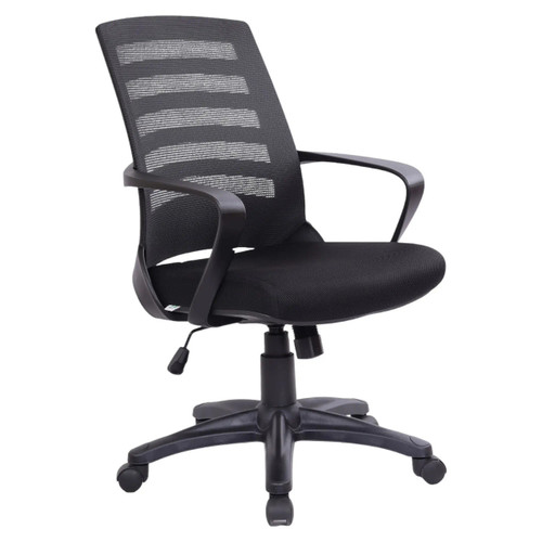 Nite Operators Chair, ergonomic black office chair with mesh backrest, cushioned seat, adjustable height, and rolling casters.
