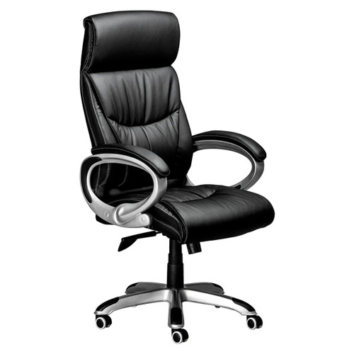 Big Guy Ceo High-back Chair, Black Leather Ergonomic Office Chair with High Backrest, Padded Headrest, Padded Armrests, and Adjustable Height on a Wheeled Base.