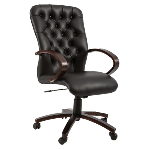 Adda High-back Wooden Office Chair, a black leather ergonomic office chair with a high backrest featuring tufted design and wooden armrests, on a wheeled base for mobility. Adda High-back Wooden Office Chair, a black leather ergonomic office chair with a high backrest featuring tufted design and wooden armrests, on a wheeled base for mobility.