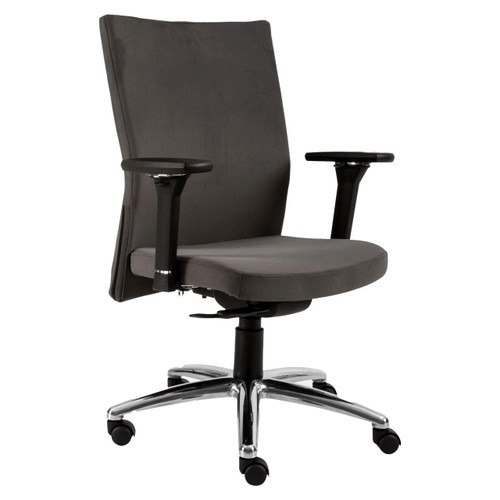 Angelo Medium-back Office Chair, ergonomic office chair with black cushioned seat and high mesh backrest, adjustable armrests, and a chrome base with caster wheels for mobility.