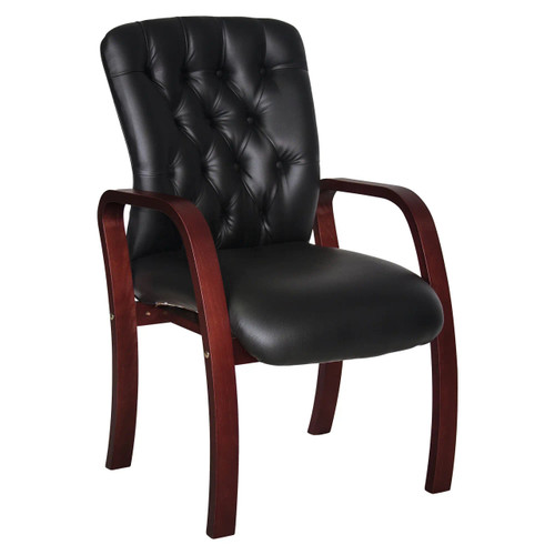 Adda Wooden 4 Legged Visitor Office Chair, black padded leather seat and tall tufted backrest with wooden armrests and legs.