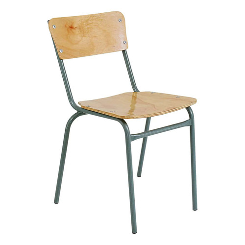 Traditional School Chairs, wooden seat and backrest with metal frame.