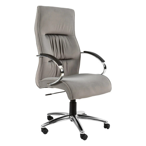 Salvador Chrome High-back Chair, modern office chair with gray leather upholstery, high backrest, chrome armrests, and a rolling base. Salvador Chrome High-back Chair, modern office chair with gray leather upholstery, high backrest, chrome armrests, and a rolling base.