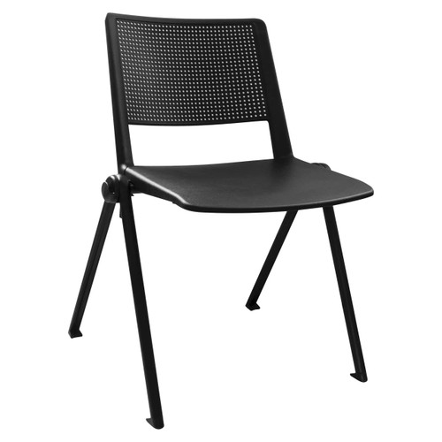 Revolution Polyurethane Stacker Chair, black modern office chair with perforated backrest and sturdy metallic legs.