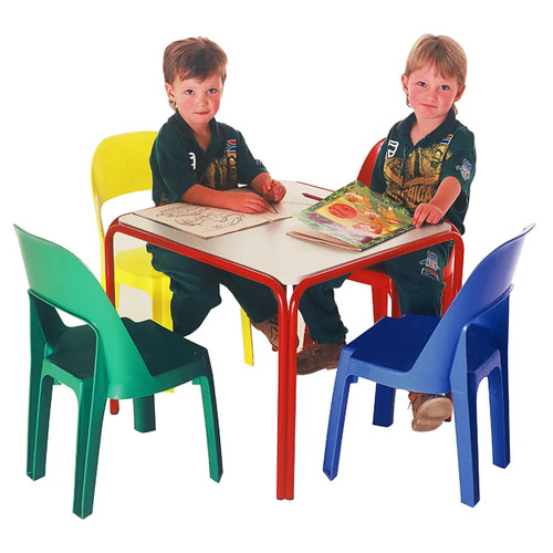 Kiddies Tables | CHM-H3-550, colorful plastic children's table set with two children seated, featuring red, yellow, green, and blue chairs around the white table.