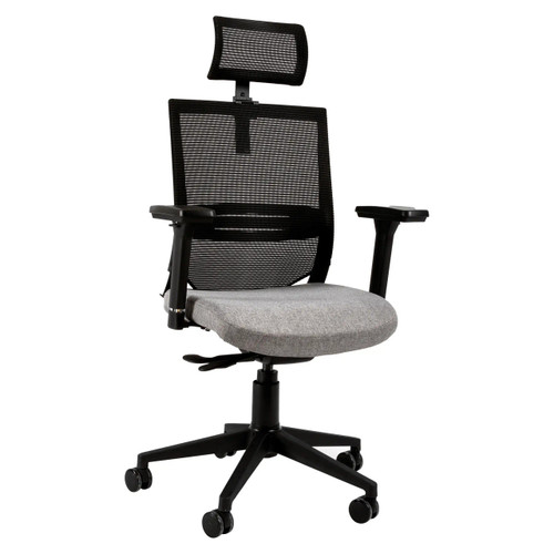 Orion Mesh High-back Office Chair, ergonomic office chair with a breathable mesh backrest, adjustable headrest, padded grey seat, and armrests with a five-wheel base for mobility. Orion Mesh High-back Office Chair, ergonomic office chair with a breathable mesh backrest, adjustable headrest, padded grey seat, and armrests with a five-wheel base for mobility.