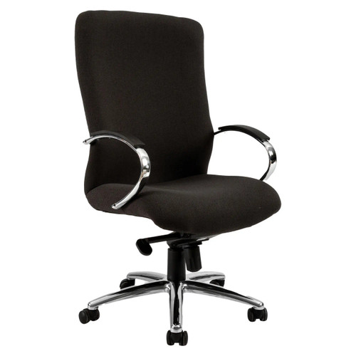 Texas Heavy Duty High-back Office Chair, black fabric upholstery with chrome armrests and base, ergonomic design with adjustable height, suitable for heavy-duty use.