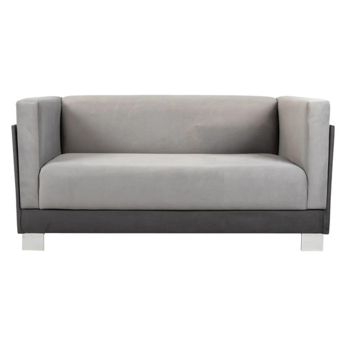 Norway Sofa Double Seater, light gray fabric sofa with cushioned back and armrests, supported by a black frame and white legs.