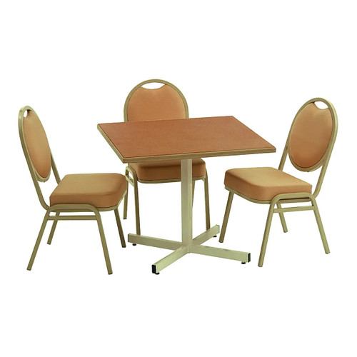Square Supawood (MDF) Table | S2S, a square wooden table with a light beige metal frame and three matching cushioned chairs with oval backs, designed for dining or meeting spaces.