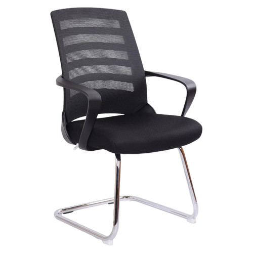 Nite Visitor Chair, black ergonomic visitor chair with mesh backrest, cushioned seat, and chrome sled base for office or conference room use.