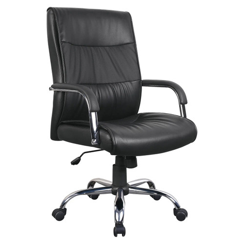 Chrome Panel High-back Chair, ergonomic black office chair with high backrest, cushioned seat, and adjustable height, featuring chrome armrests and five-star base with caster wheels.