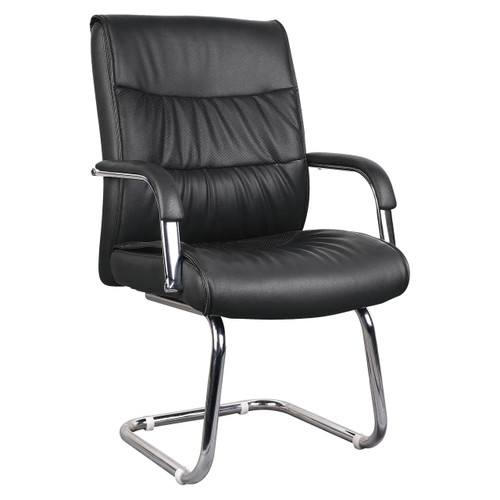 Chrome Panel Visitor Chair, black leather office chair with chrome armrests and a sled base design. Chrome Panel Visitor Chair, black leather office chair with chrome armrests and a sled base design.