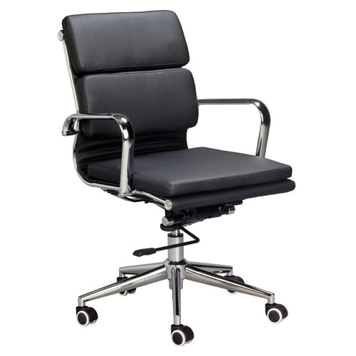 Classic Eames Cushion Medium-back Office Chair, Black Leather Upholstery with Chrome Armrests and Base, Adjustable Height and Rolling Casters for Office Use.