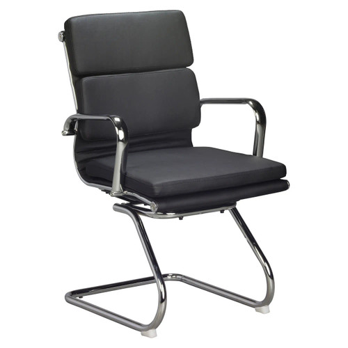 Classic Eames Cushion Visitor Chair, black leather padded seat with ergonomic backrest and chrome metal frame, modern office visitor chair design. Classic Eames Cushion Visitor Chair, black leather padded seat with ergonomic backrest and chrome metal frame, modern office visitor chair design.
