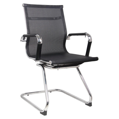 Classic Eames Mesh Visitor Office Chair by 67, a Modern Receptionist Chair with a Black Mesh Back and Seat, Chrome Metal Frame, and Armrests, Showcasing a Sleek and Ergonomic Design for Office Use.