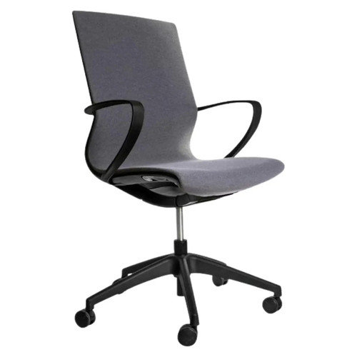 Strive Operators Office Chair, ergonomic gray office chair with cushioned back and seat, adjustable height, and black armrests and base with caster wheels. Strive Operators Office Chair, ergonomic gray office chair with cushioned back and seat, adjustable height, and black armrests and base with caster wheels.