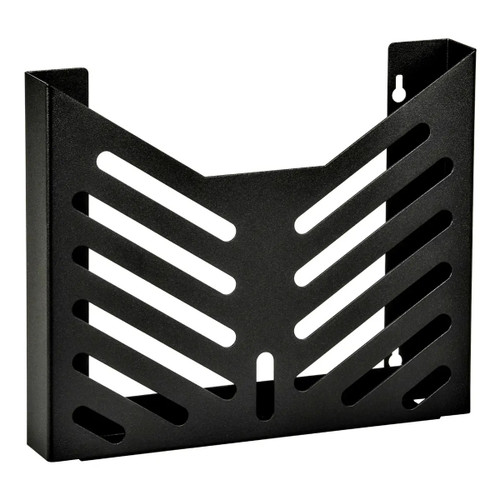 Slotted Wall Mounted Magazine Brochure Stand, black metal wall mount literature holder with multiple slots for brochures or magazines.