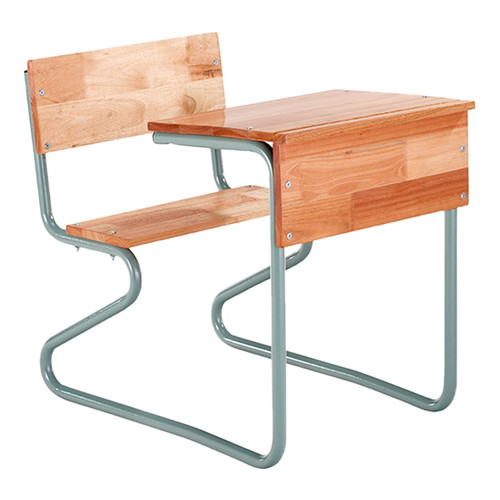 Single Combination School Desk in Saligna Wood 750 mm Wide, featuring a smooth wooden surface, a sturdy backrest, and a metal frame for durability and stability. Single Combination School Desk in Saligna Wood 750 mm Wide, featuring a smooth wooden surface, a sturdy backrest, and a metal frame for durability and stability.