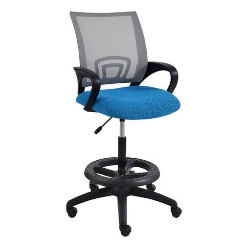 Britney Mesh Draughtsman Chair by Office Stock South Africa, Featuring a Blue Seat, Black Frame, and Mesh Back, Ideal for Corporate Office Furniture, Showcasing Comfort and Functionality with a Durable Design and Adjustable Features.