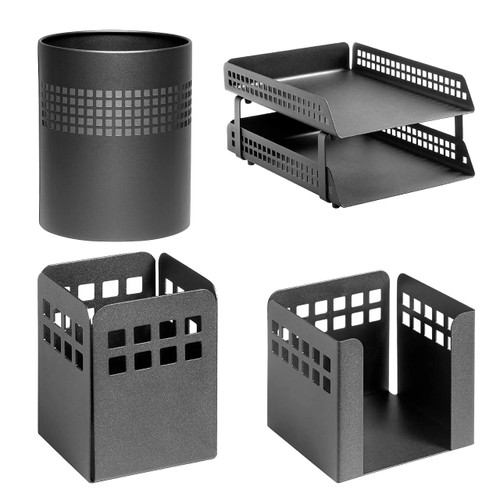 Square Punch Steel Desk Set: Two-tier Letter Tray, Paper Cube Holder, Pencil Cup, and Waste Paper Bin
