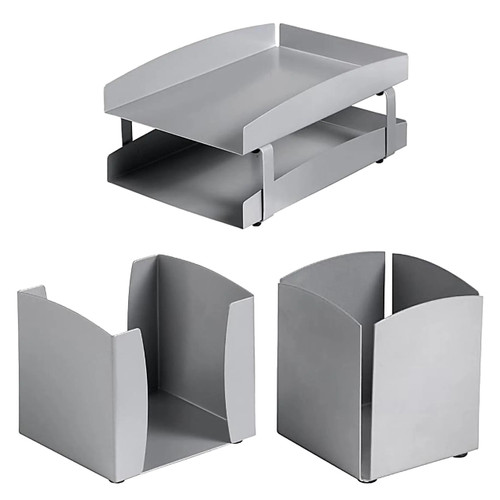 Life Steel Desk Set: Two-Tier Letter Tray, Paper Cube Holder & Pencil Cup